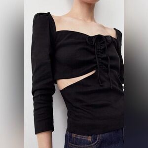 ZARA Black Long-Sleeve Lace-Up Cutout Crop Top